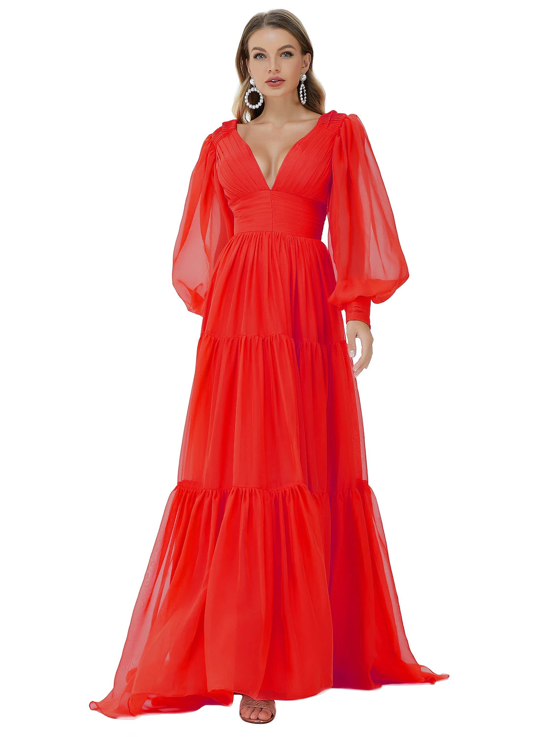 Vestidos de fiesta de corte A, sexys, para fiesta, formales, de noche, con cola larga y escote en V, de gasa con fruncido.