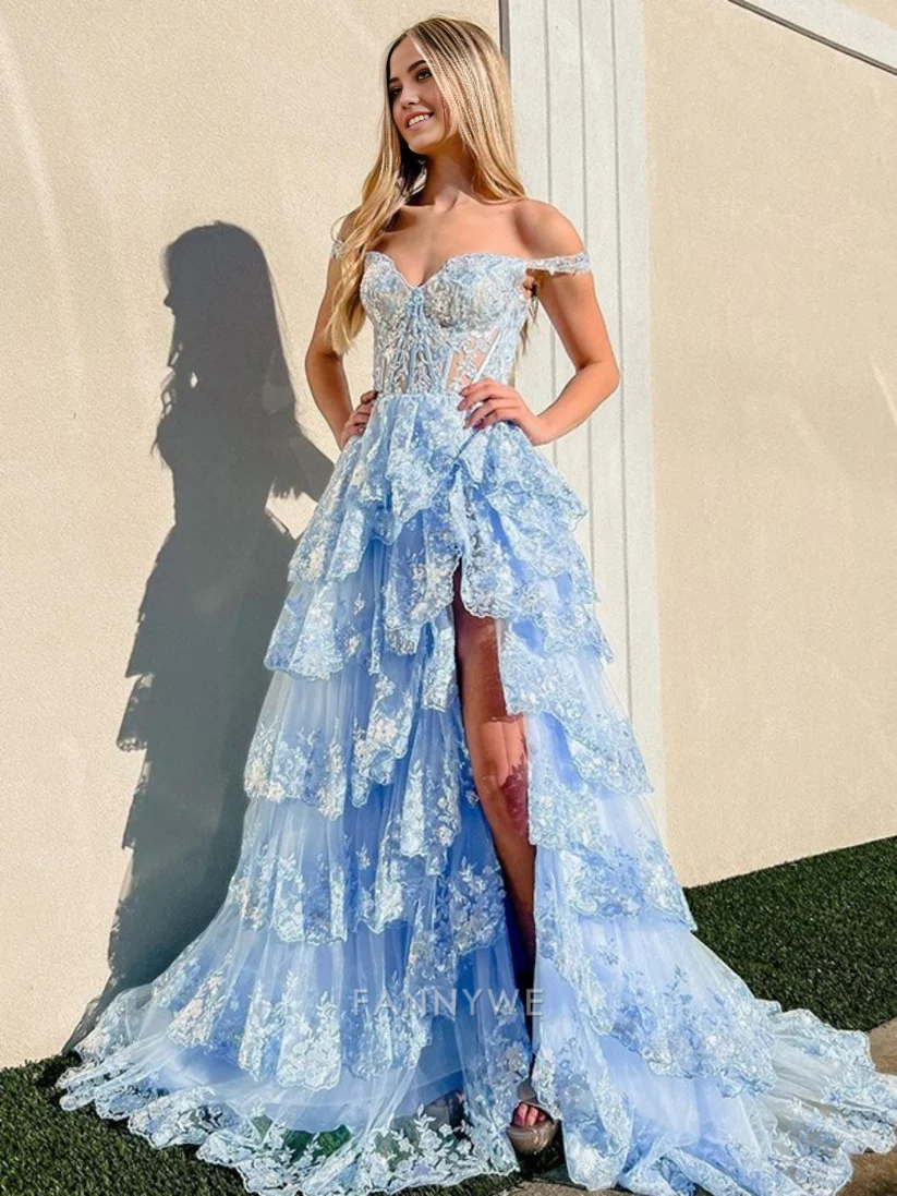 A Line Long Off the Shoulder Sweetheart Sleeveless Tiered Ruffles Tulle formal dresses Bridesmaid Dresses evening gown Prom Dress With Split