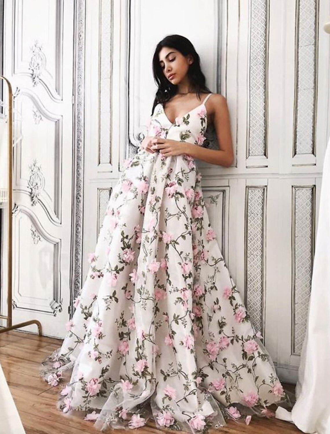 Vestidos de fiesta de corte A, vestido floral, fiesta formal de boda, largo hasta el suelo, sin mangas, cuello en V, encaje con estampado floral