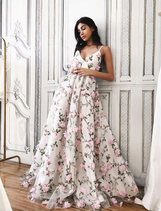 Vestidos de fiesta de corte A, vestido floral, formal, largo hasta el suelo, sin mangas, cuello en V, encaje con estampado floral