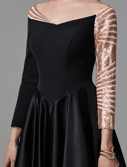 Ball Gown Black Dress Vintage Quinceanera Formal Evening Floor Length Long Sleeve Off Shoulder Satin with Sequin