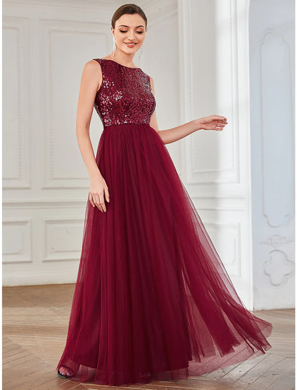 A-Linie Partykleider Sparkle &amp; Shine Kleid Hochzeitsgast Geburtstag Bodenlang Ärmellos Juwelausschnitt Tüll mit Pailletten