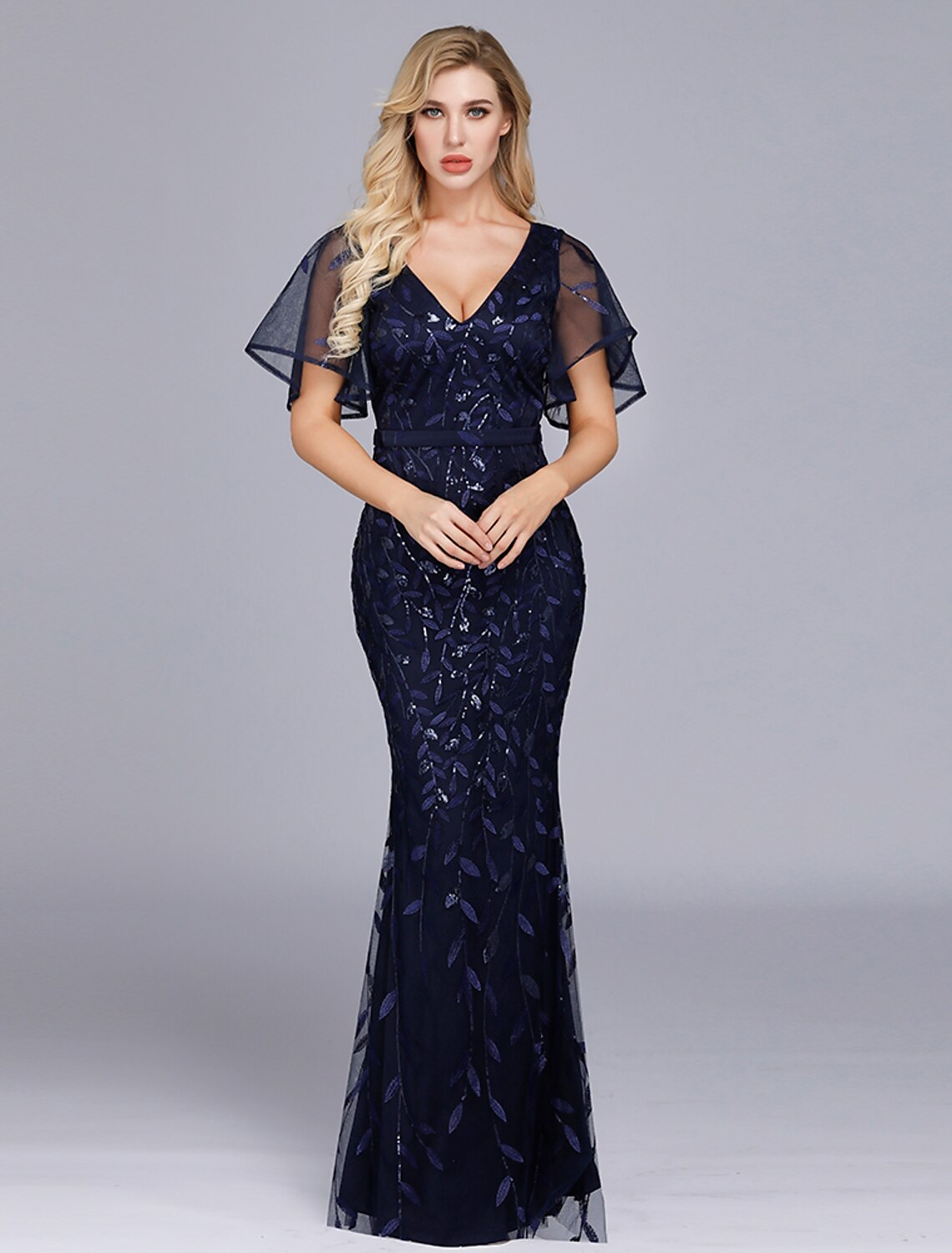 Vestido de noche estilo sirena/trompeta, estilo imperio, para fiesta, formal, de noche, largo hasta el suelo, manga corta, cuello joya, tul con volantes bordados