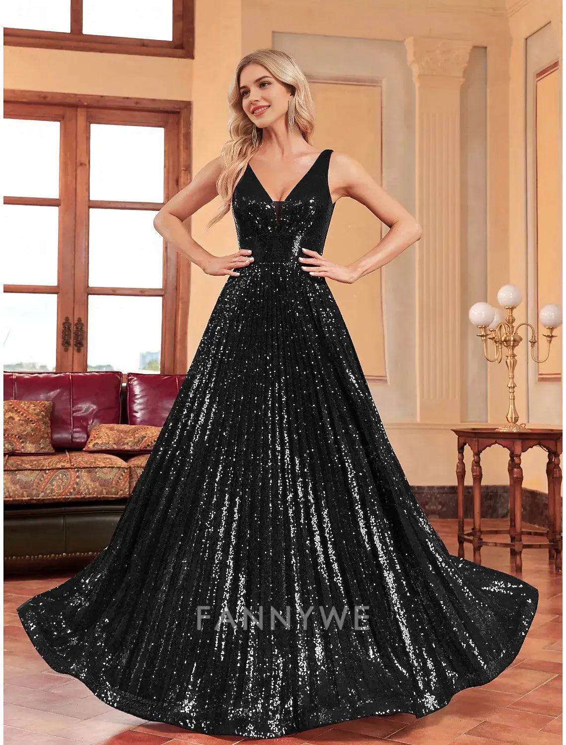 FannyWe Simple A-Line Prom Dresses Party Dress Evening Party Cocktail Party Floor Length Sleeveless Plunge Neck Polyester with Glitter Knief Pleats