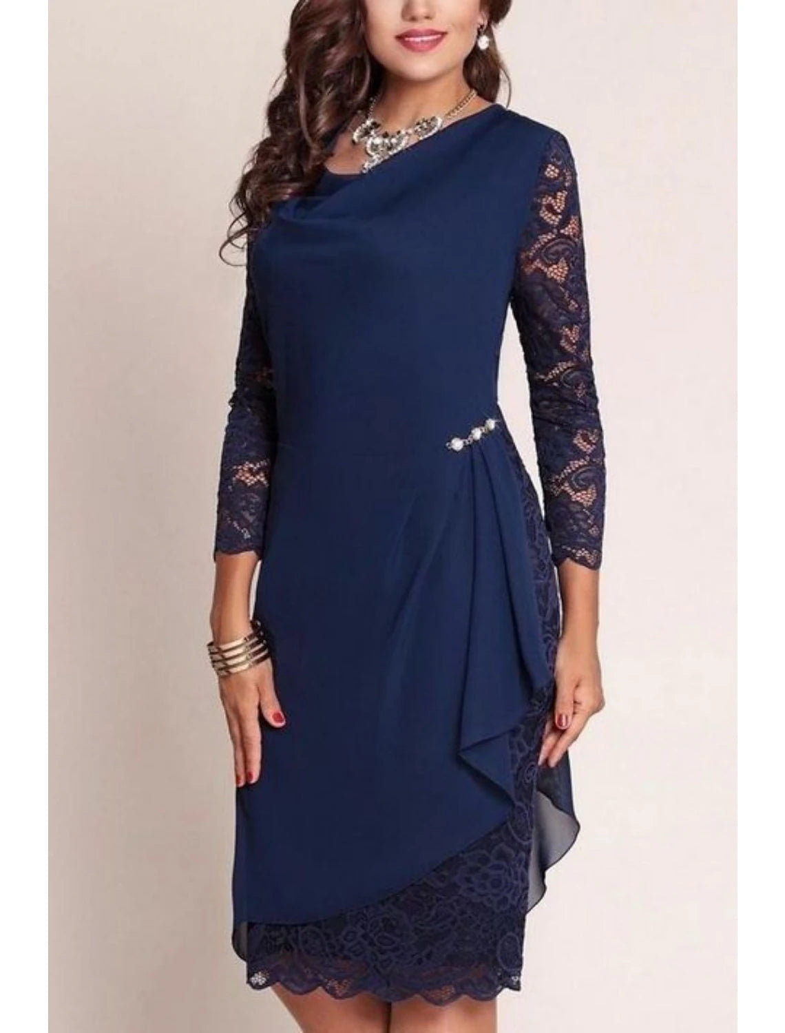 Sheath / Column Mother of the Bride Dress Wedding Guest Elegant Vintage Scoop Neck Knee Length Chiffon Lace 3/4 Length Sleeve with Crystals Ruching