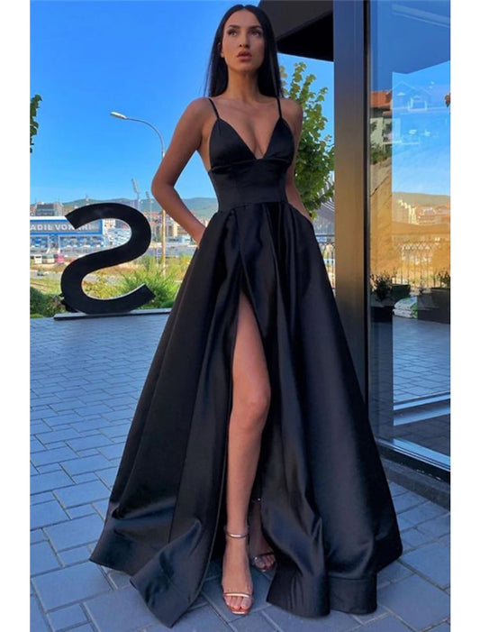 A-Line Black Prom Dress High Split Evening Dress Formal Birthday Summer Dress Spaghetti Strap Sleeveless Sweep / Brush Train Satin with Pleats Split Front