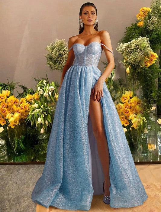 Vestidos de fiesta de corte A, brillantes y con brillo, para graduación, de gala, de etiqueta, hasta el suelo, sin mangas, escote corazón, tul con purpurina, pliegues y abertura.