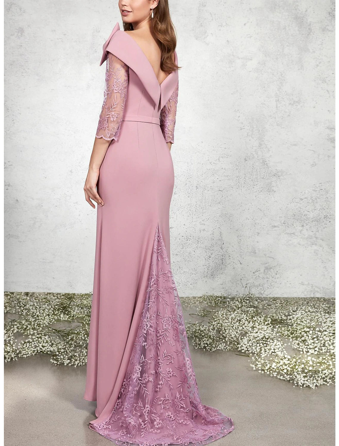 A-Line Mother of the Bride Dress Formal Wedding Guest Elegant Bateau Neck Sweep / Brush Train Chiffon Lace 3/4 Length Sleeve with Bow(s) Appliques