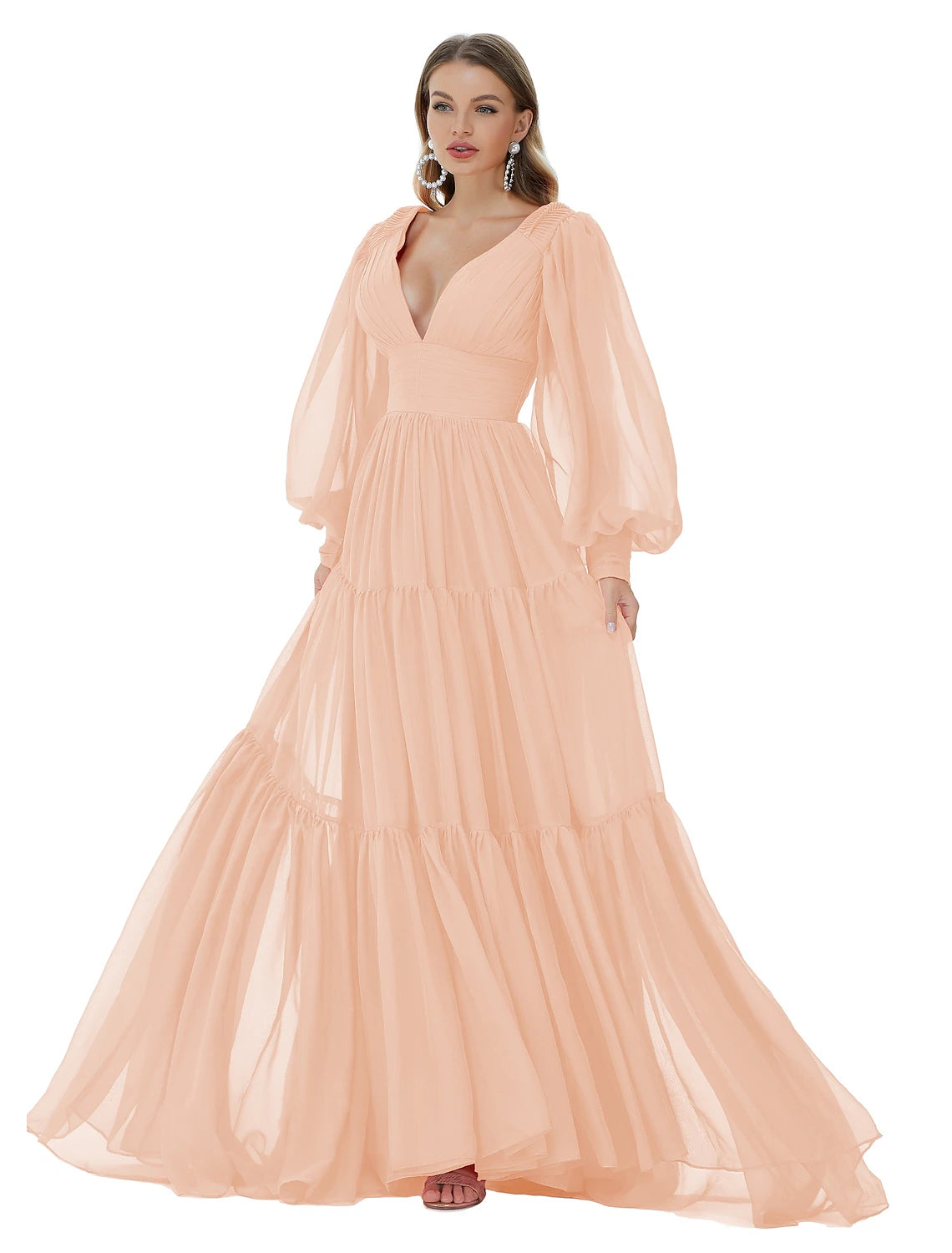 Vestidos de fiesta de corte A, sexys, para fiesta, formales, de noche, con cola larga y escote en V, de gasa con fruncido.