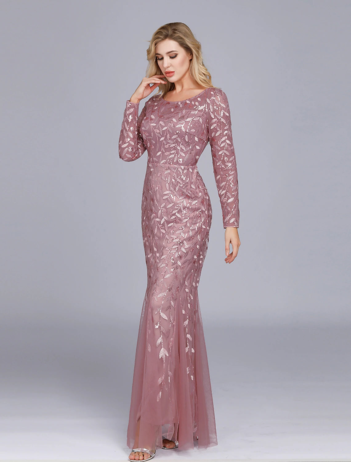 Vestido elegante estilo imperio de sirena/trompeta para fiesta, formal, de noche, para San Valentín, con cuello joya, manga larga, largo hasta el suelo, de tul con bordado