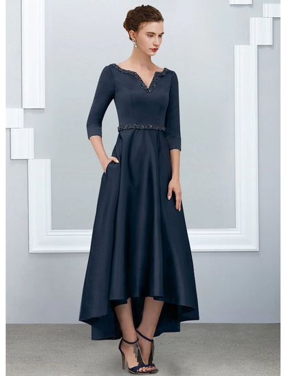 A-Line Mother of the Bride Dress Elegant High Low V Neck Asymmetrical Ankle Length Satin Half Sleeve with Pleats