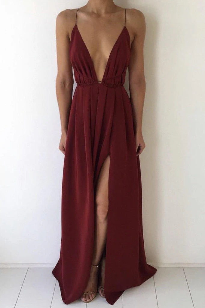 V-neck Sexy Spaghetti Strap Prom Dress With Front Split