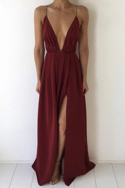 V-neck Sexy Spaghetti Strap Prom Dress With Front Split