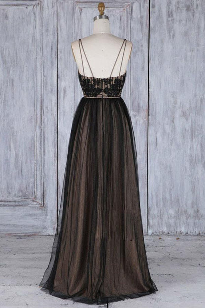 A-Line Deep V Neck Sweep Train Tulle Back Prom Dress