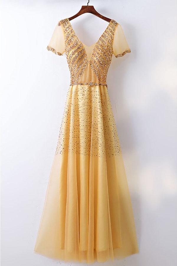 A-line Sparkly Formal Sleeves Prom Dress