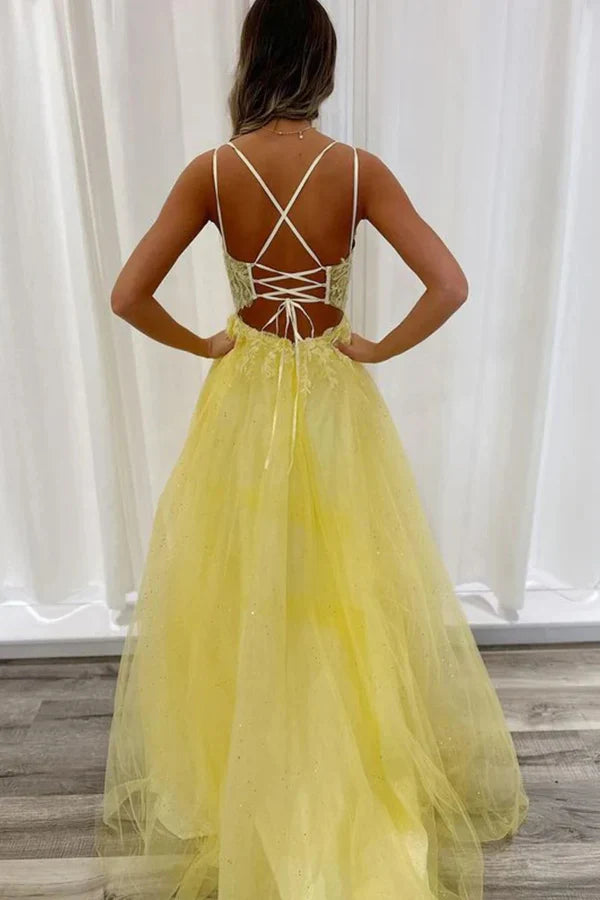 A Line V Neck Backless Lace Long Prom Dresses