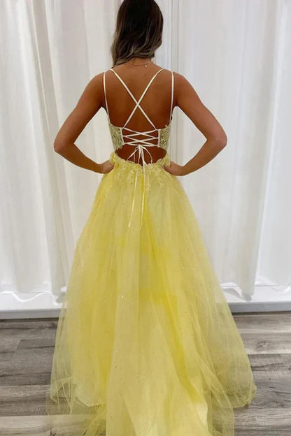 A Line V Neck Backless Lace Long Prom Dresses