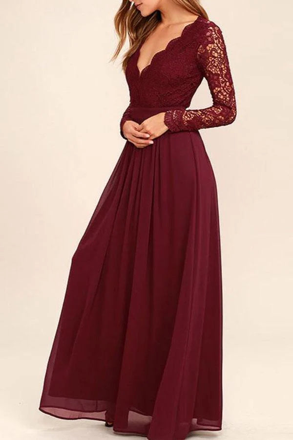 V neck Long Sleevs Lace Prom Dress