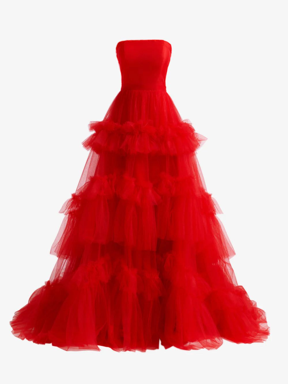 A-Linien-Ballkleid aus trägerlosem Tüll mit Rüschen
