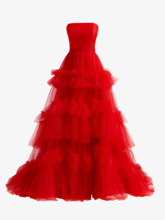 A-Linien-Ballkleid aus trägerlosem Tüll mit Rüschen