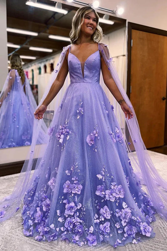 A Line Sleeves 3D Floral Lace Long Prom Dresses