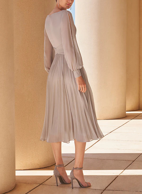 A-Line V Neck Long Sleeves Tea Length Chiffon Mother Of The Bride Dresses