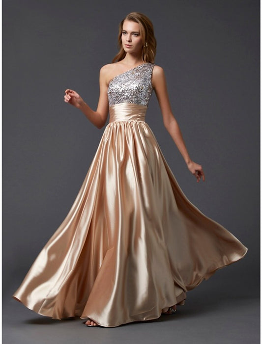 Vestidos de fiesta de corte A, brillantes y con brillo, para fiestas, bodas, hasta el suelo, sin mangas, un hombro, charmeuse con pliegues y lentejuelas