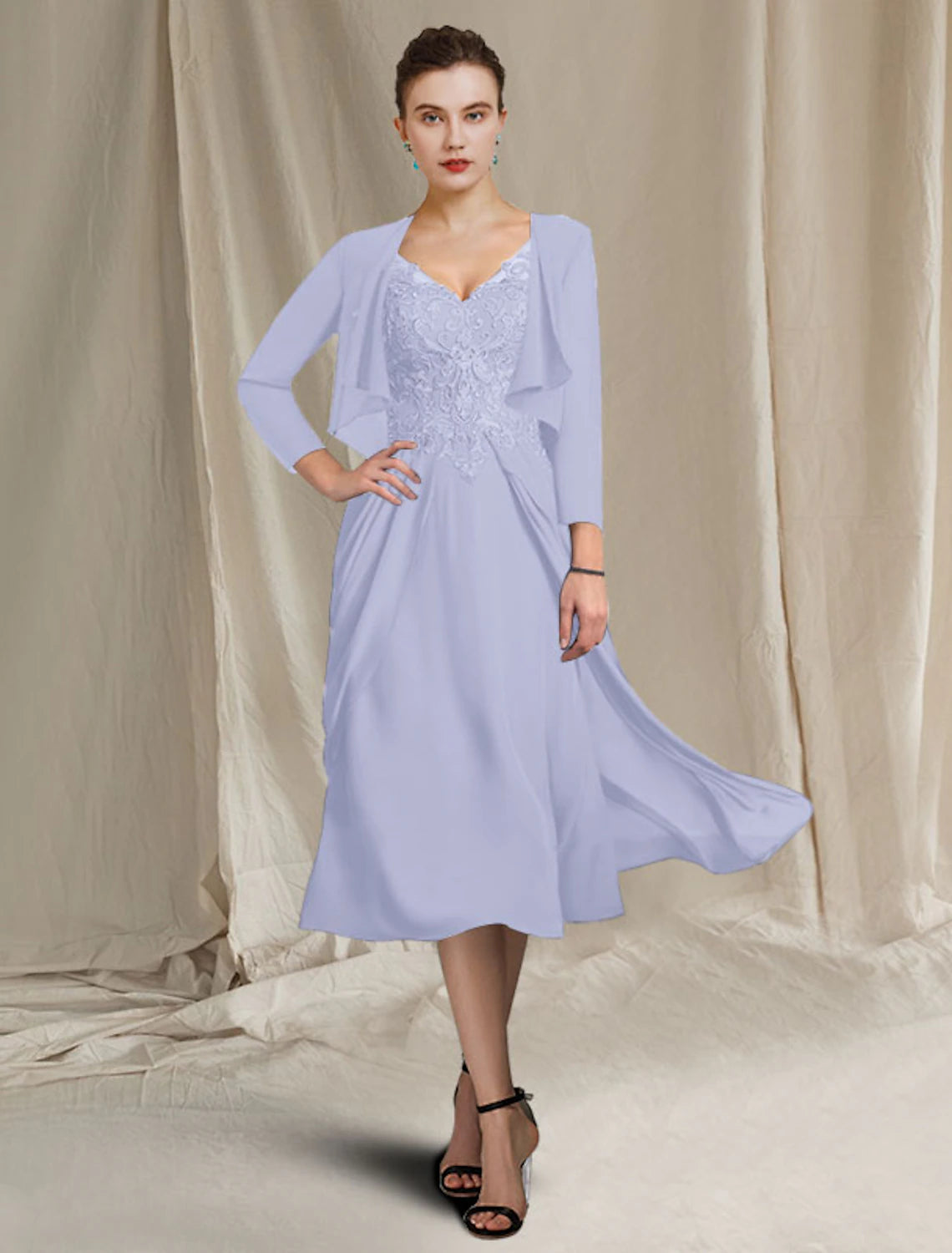 Vestido de madre de la novia de corte A, talla grande, elegante, escote en V, largo hasta la rodilla, de gasa, encaje, manga corta, cruzado, incluido con apliques