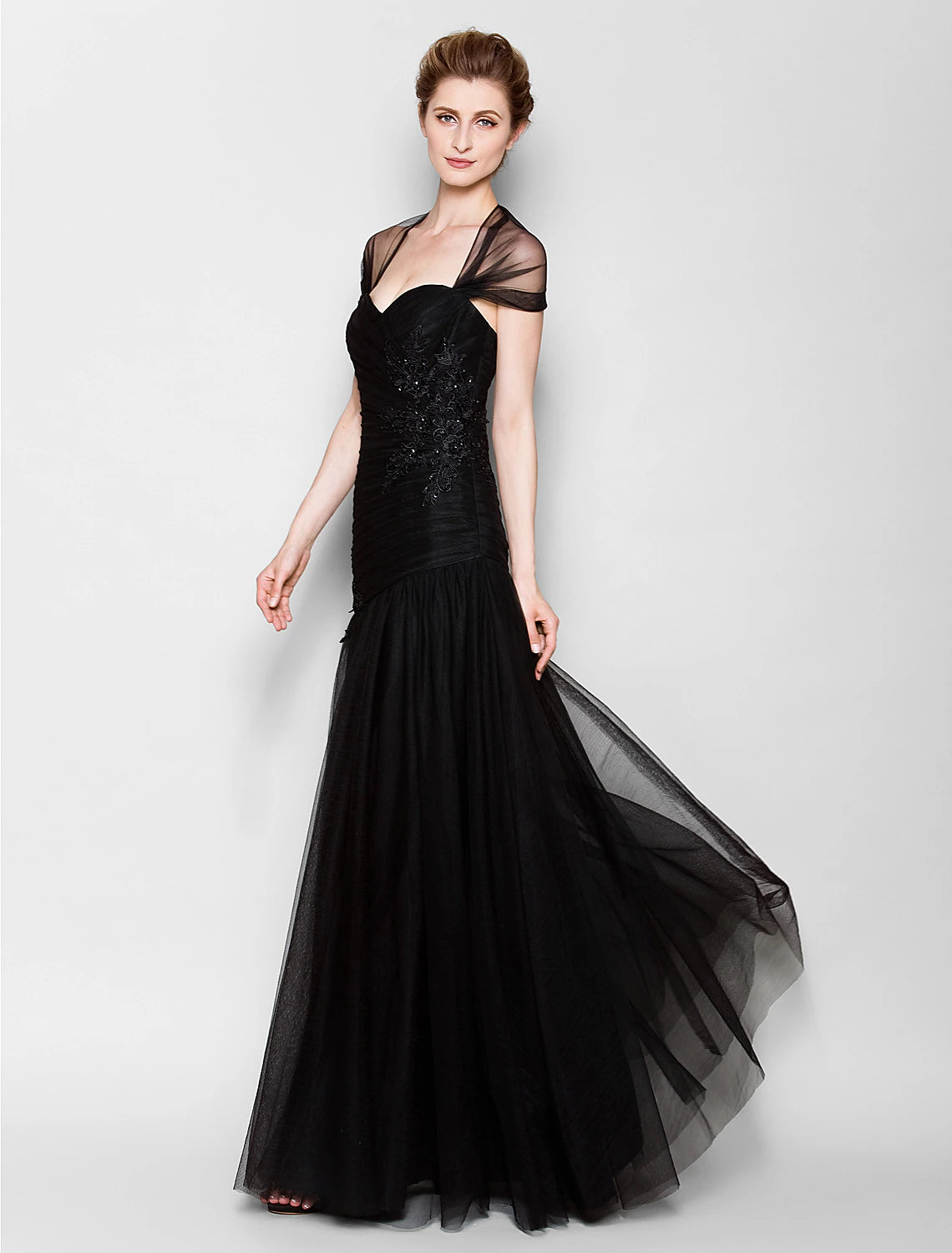 Fit & Flare Mother of the Bride Dress Queen Anne Floor Length Tulle Short Sleeve No with Criss Cross Appliques