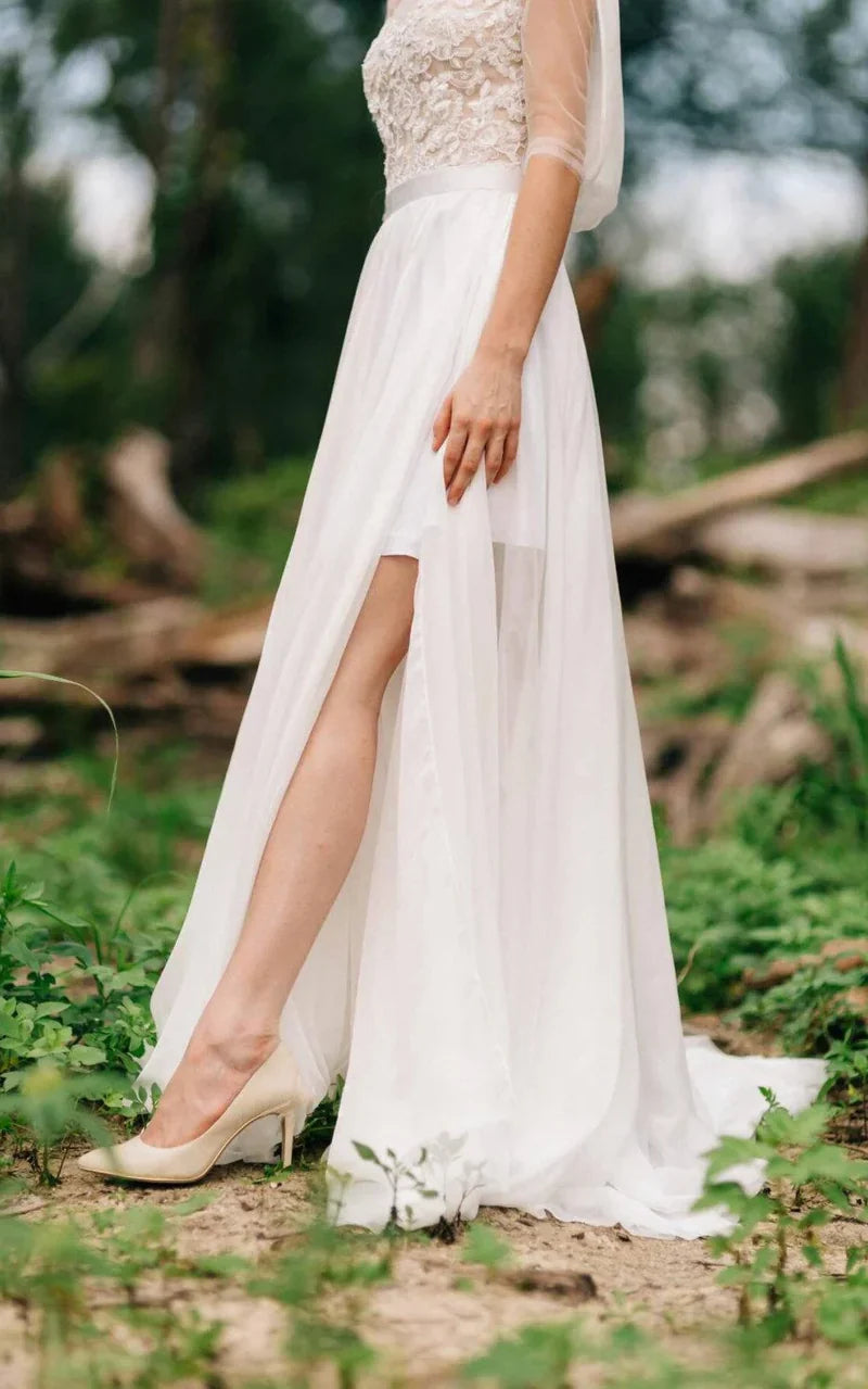 A-line Sweetheart Long Sleeve Chiffon Tulle Lace Satin Wedding Dresses With Illusion