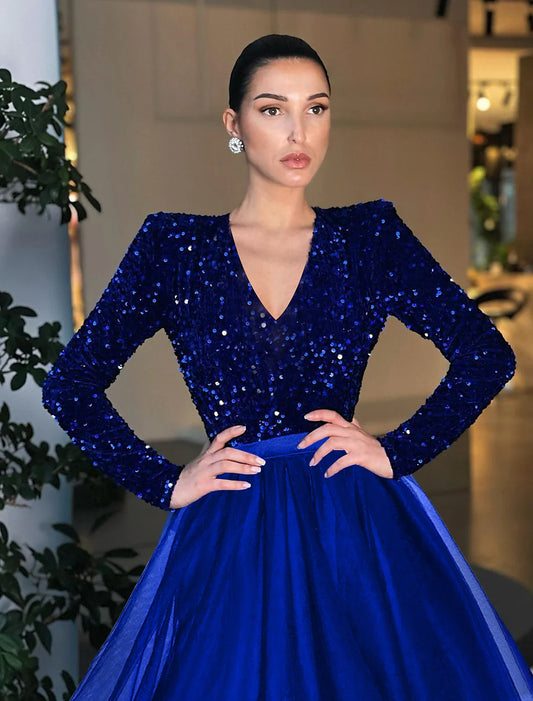Ball Gown A-Line Cocktail Dresses Sparkle & Shine Dress Evening Party Tea Length Long Sleeve Jewel Neck Tulle with Sequin