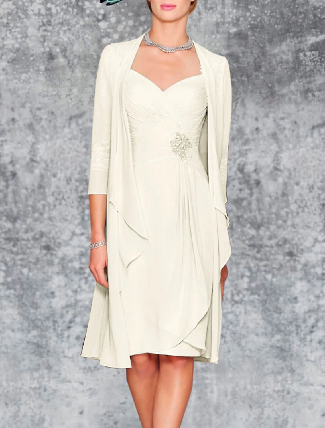 Vestido de dos piezas para madre de la novia, estilo tubo/columna, para invitada de boda, iglesia, elegante, talla grande, escote corazón, largo hasta la rodilla, gasa, encaje, manga 3/4, cruzado incluido, chaqueta, vestidos con pliegues y bordado