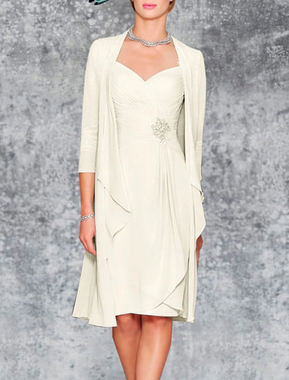 Two Piece Sheath / Column Mother of the Bride Dress Wedding Guest Church Elegant Plus Size Sweetheart Knee Length Chiffon Lace 3/4 Length Sleeve Wrap Included Jacket Dresses with Pleats Embroidery