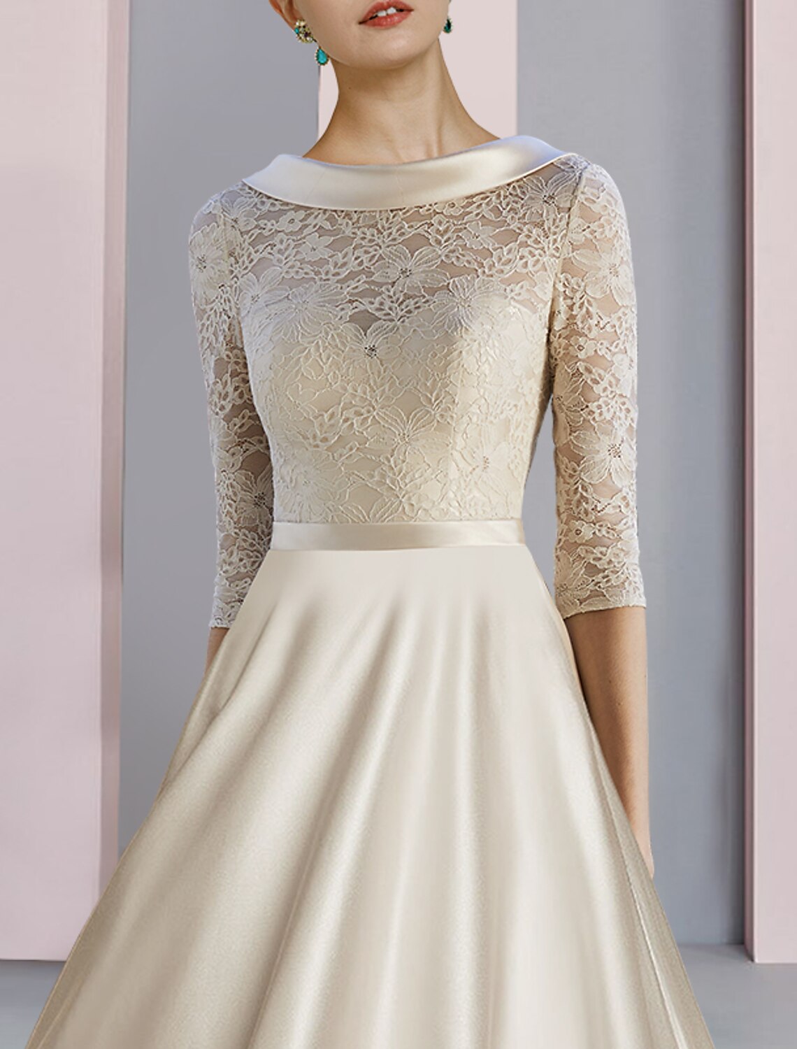 Sheath / Column Mother of the Bride Dress Wedding Guest Party Elegant Scoop Neck Tea Length Satin Lace Half Sleeve with Bow(s) Pleats