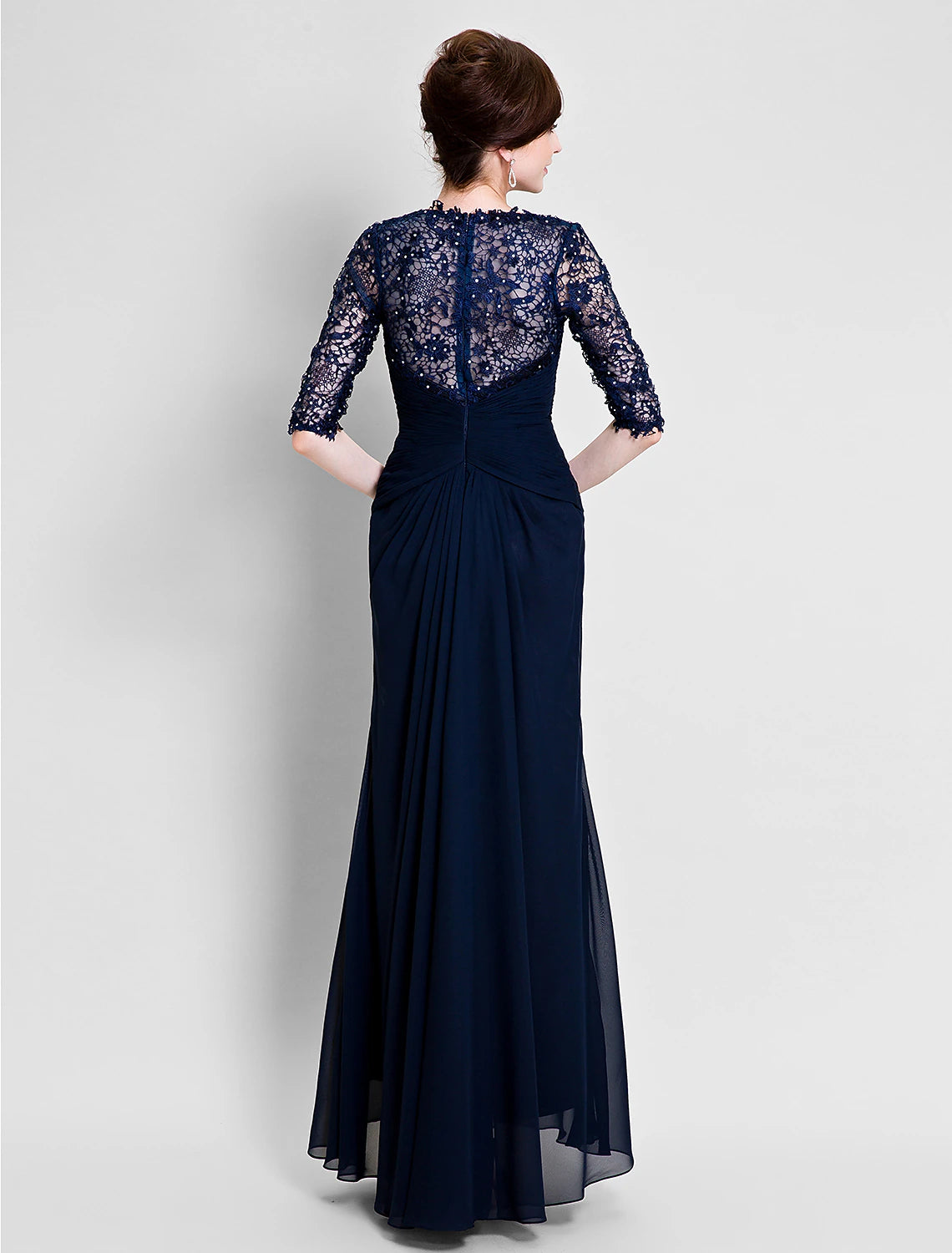 A-Line Mother of the Bride Dress See Through V Neck Floor Length Chiffon Lace Half Sleeve No with Lace Beading