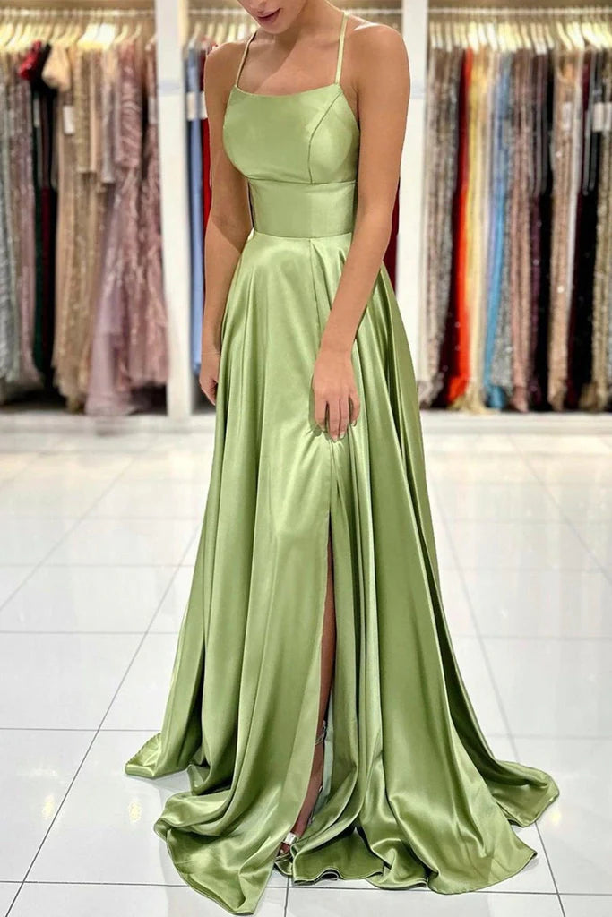 A Line Satin Simple Backless Long Prom Dresses with Slit