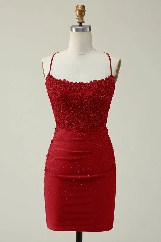 Sheath Spaghetti Straps Short Homecoming Dress with Appliques