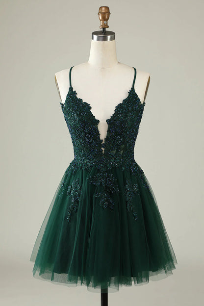 A Line Spaghetti Straps Short Homecoming Dress with Appliques