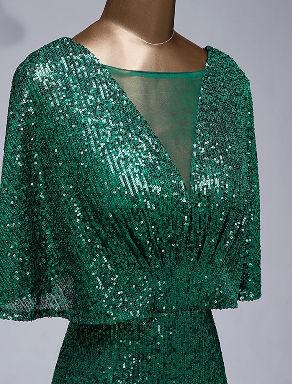 Vestidos de fiesta de sirena/trompeta, vestido brillante, para invitadas de boda, para graduación, largo hasta el suelo, media manga, cuello ilusión, con lentejuelas y volantes de lentejuelas