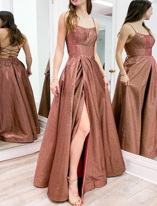 Vestidos de fiesta de corte A con brillo y destellos, vestido formal de noche para fiesta, largo hasta el suelo, sin mangas, tirantes finos, tela de lúrex con abertura con lentejuelas