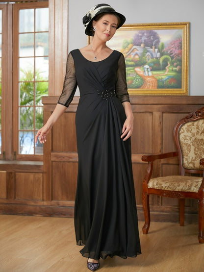 A-Linie/Princess-Linie Chiffon Rüschen U-Ausschnitt 3/4-Ärmel Bodenlang Kleider für die Brautmutter