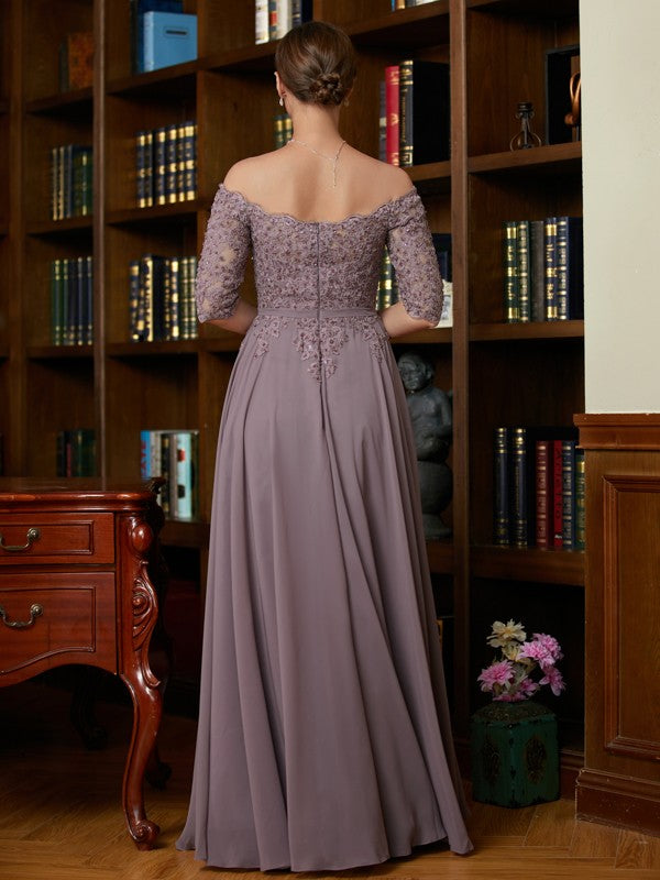 Vestidos para madre de la novia de gasa con apliques, hombros descubiertos, mangas 3/4 y largo hasta el suelo, corte A/princesa