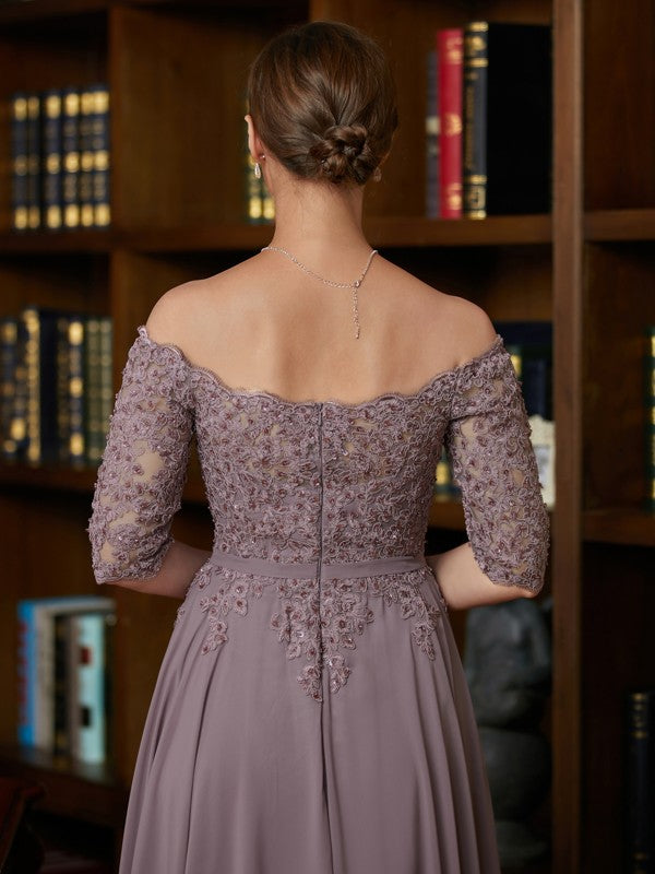 Vestidos para madre de la novia de gasa con apliques, hombros descubiertos, mangas 3/4 y largo hasta el suelo, corte A/princesa