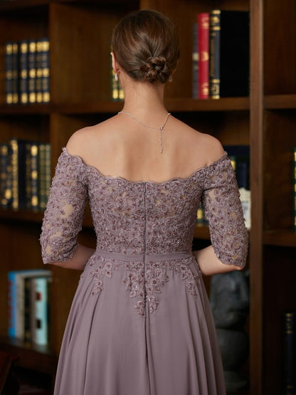 Vestidos para madre de la novia de gasa con apliques, hombros descubiertos, mangas 3/4 y largo hasta el suelo, corte A/princesa