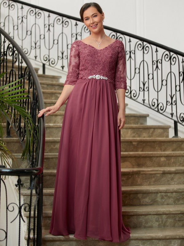 Vestidos de madre de la novia de corte A/princesa, de gasa, encaje, escote en V, mangas 3/4 y largo hasta el suelo