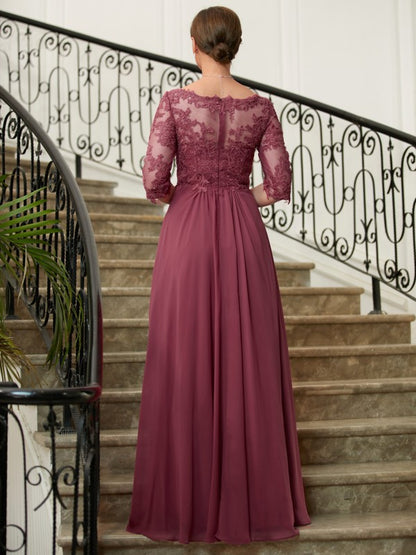 Vestidos de madre de la novia de corte A/princesa, de gasa, encaje, escote en V, mangas 3/4 y largo hasta el suelo