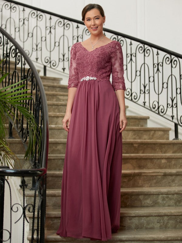Vestidos de madre de la novia de corte A/princesa, de gasa, encaje, escote en V, mangas 3/4 y largo hasta el suelo
