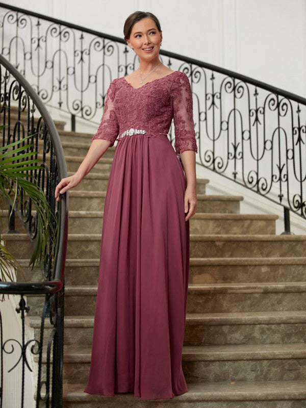 Vestidos de madre de la novia de corte A/princesa, de gasa, encaje, escote en V, mangas 3/4 y largo hasta el suelo