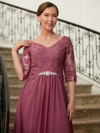 Vestidos de madre de la novia de corte A/princesa, de gasa, encaje, escote en V, mangas 3/4 y largo hasta el suelo