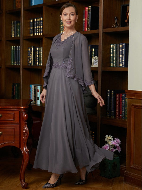 Vestidos para madre de la novia de corte A/princesa, de gasa, con apliques, escote en V, sin mangas y largo hasta los tobillos